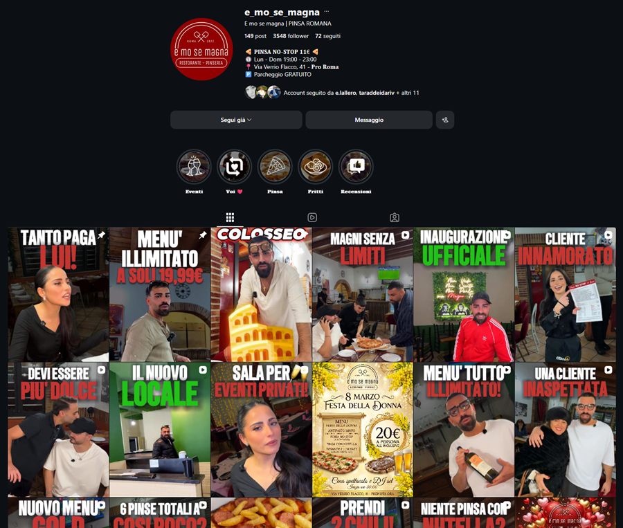 Profilo Instagram di E MO SE MAGNA gestito da Top Social Studio