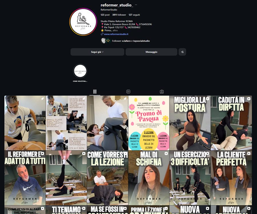 Profilo Instagram di Reformer Studio gestito da Top Social Studio